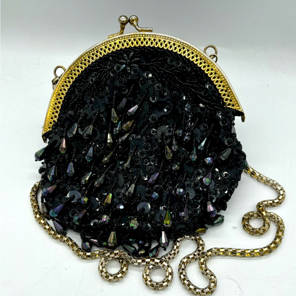 1920’s Style Black Beaded Evening Bag with Gold Trim & Handle